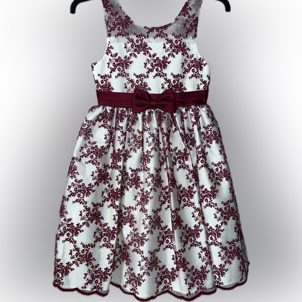 Party Dress Like New! Burgundy Design on White dress w/ Off-White Full Lining